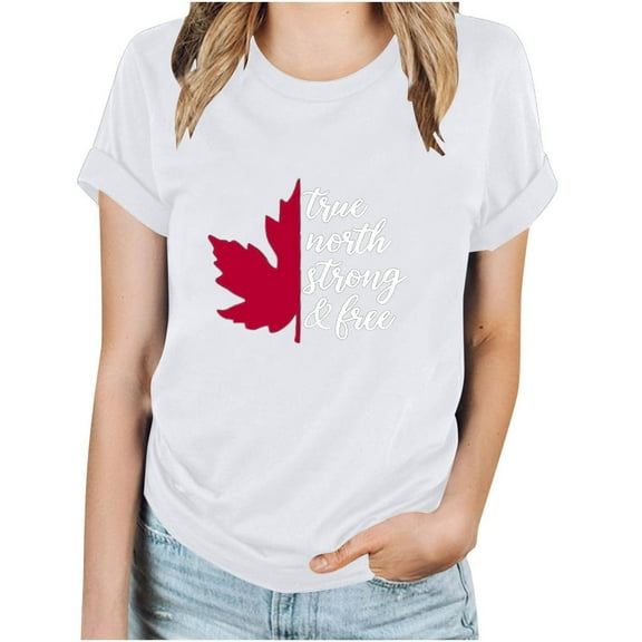 WREESH Casual Summer Maple Leaf T-Shirt Women's Crew Neck Short Sleeve Canada Day Top White
