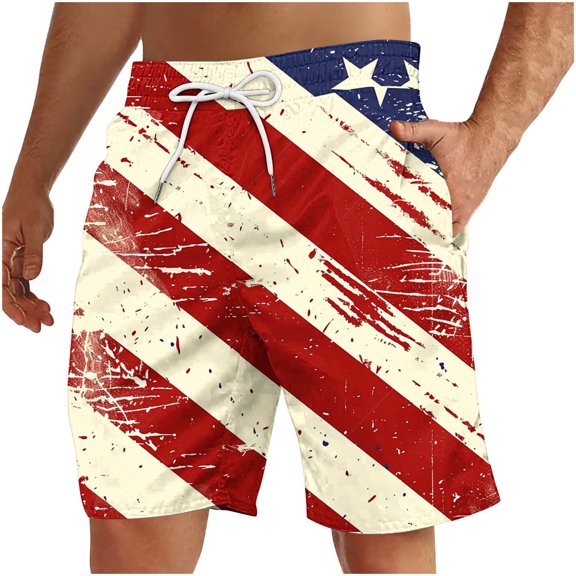 WREESH Casual Summer Shorts for Men Independence Day Print Drawstring Beach Comfort White
