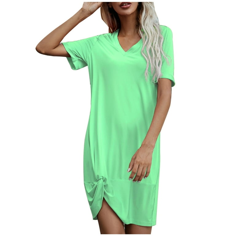 WREESH Casual Summer T Shirt Dress Women s Comfortable V Neck Short Sleeve in Solid Colors Mint Green
