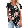 thumbnail image 1 of WREESH Casual Summer Tunic Tops Women's Pleated Floral Print Square Neck Short Sleeve Blouses Black, 1 of 5