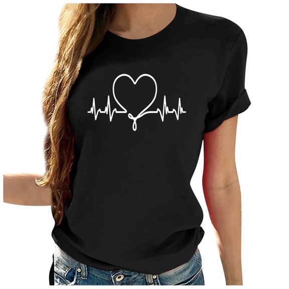 WREESH Casual Women's Heartbeat T-Shirts Cute Love Heart Print Short Sleeve Crew Neck Tops Black