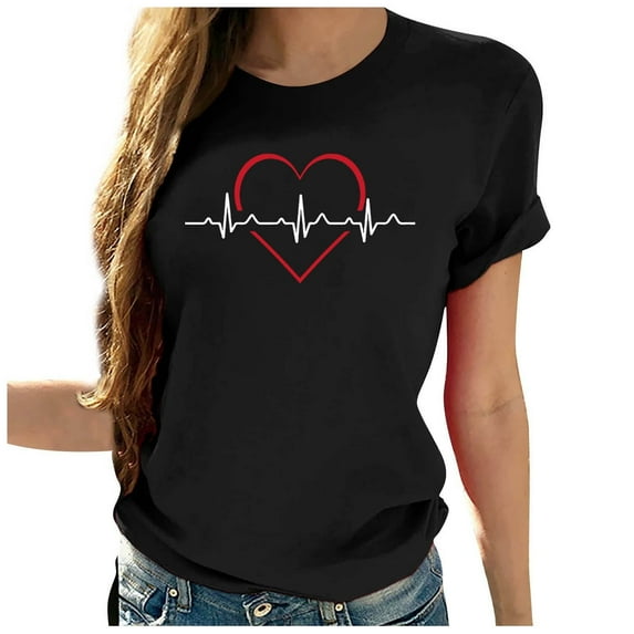 WREESH Casual Women's Heartbeat T-Shirts Cute Short Sleeve Graphic Crew Neck Blouses Black