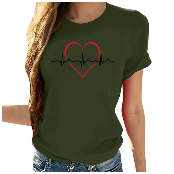 WREESH Casual Women's Heartbeat T-Shirts Cute Short Sleeve Graphic Crew Neck Blouses Olive Green