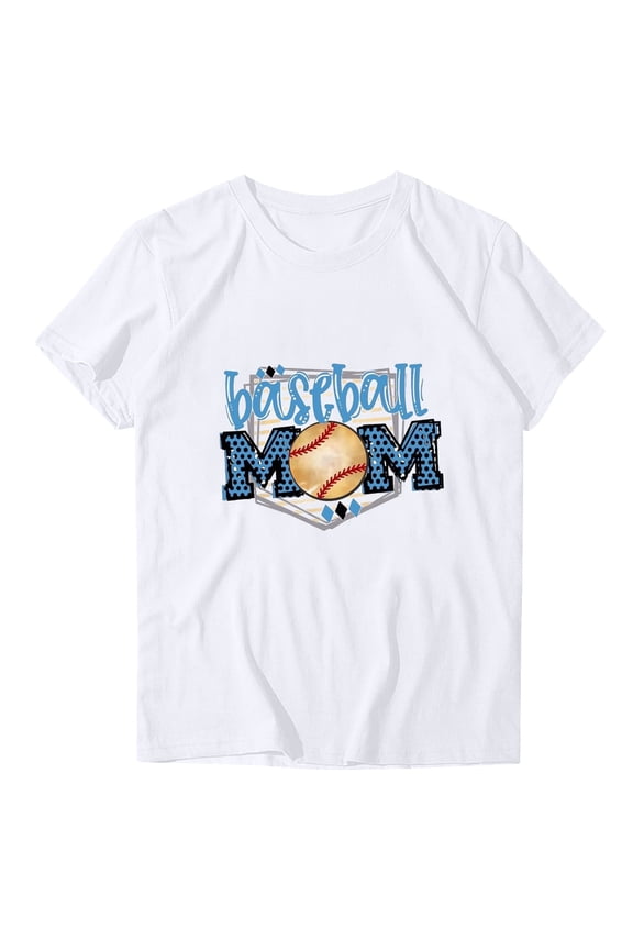 Casual Women's Round-Neck T-Shirt Baseball Mom Print Loose Short Sleeve Top White
