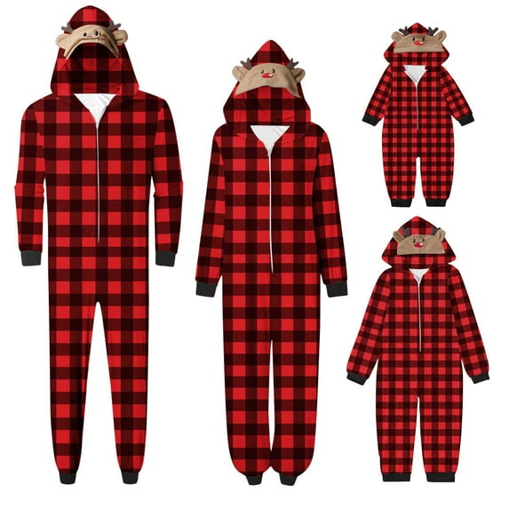 WREESH 2025 Kids Plaid Hooded Onesie Christmas Family Matching Pajamas Cozy Fleece Loungewear Long Sleeve Holiday Sleepwear Set 6 Years