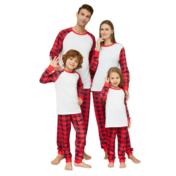 WREESH Christmas Family Pajamas for Men Christmas Fashion Long Sleeve Color Block Raglan T-Shirt with Plaid Wide Leg Pants Sets Two Piece Loungewear Family Matching Set White