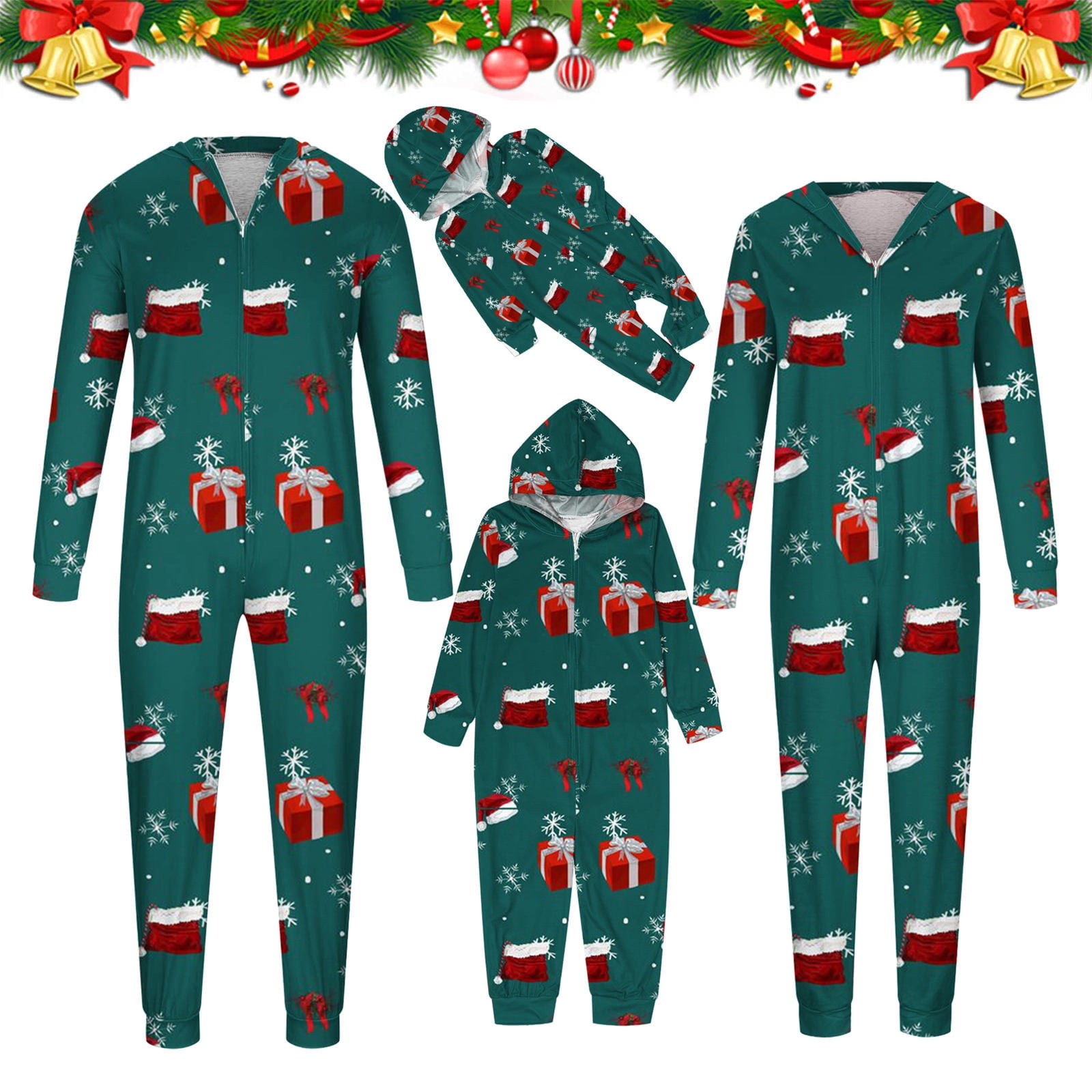 WREESH Christmas Family Pajamas for Men Christmas Hooded Jumpsuits Gift