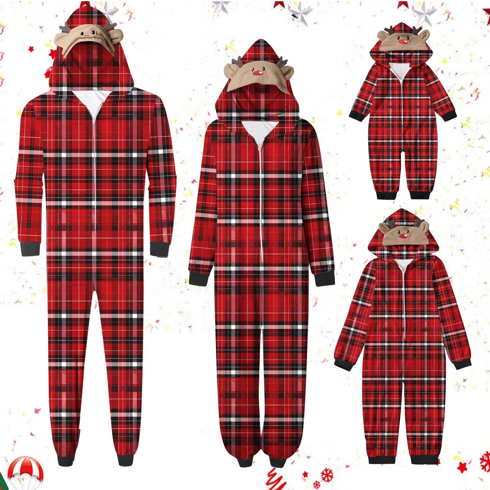 WREESH 2025 Mens Plaid Hooded Onesie Christmas Family Matching Pajamas Cozy Fleece Loungewear Long Sleeve Holiday Sleepwear Set