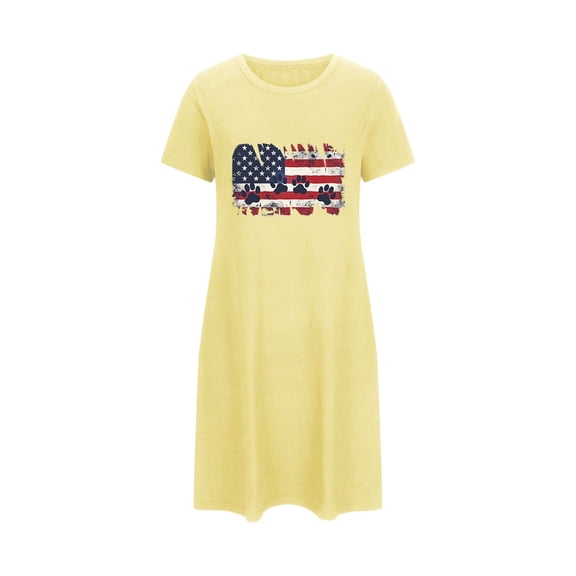WREESH Comfort Nightwear Women's Short T-Shirt Dress 4th of July Theme Short Sleeves T-Shirt Dresses Yellow