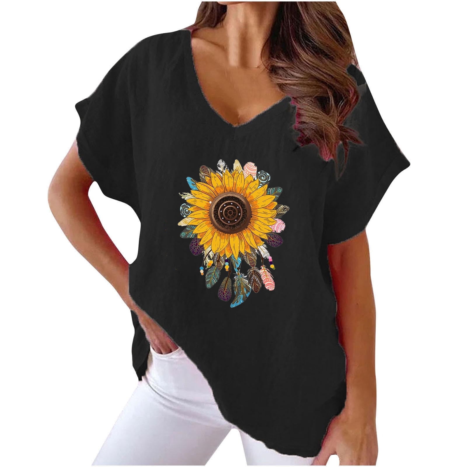 WREESH Cotton Linen Sunflower Print TShirt Women's VNeck Short Sleeve