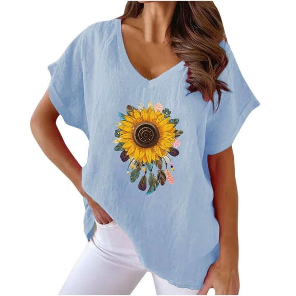 WREESH Cotton Linen Sunflower Print T-Shirt Women's V-Neck Short Sleeve Casual Top Light Blue