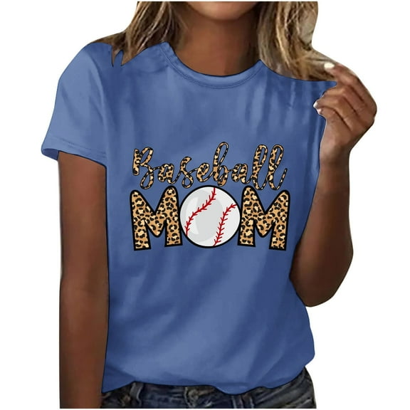 WREESH Crew Neck Baseball Mom T-Shirt Women's Fashion Graphic Print Summer Top Blue