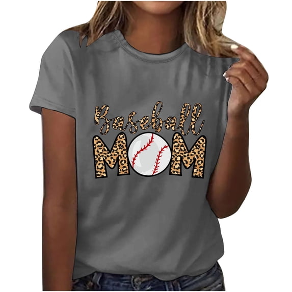 WREESH Crew Neck Baseball Mom T-Shirt Women's Fashion Graphic Print Summer Top Gray