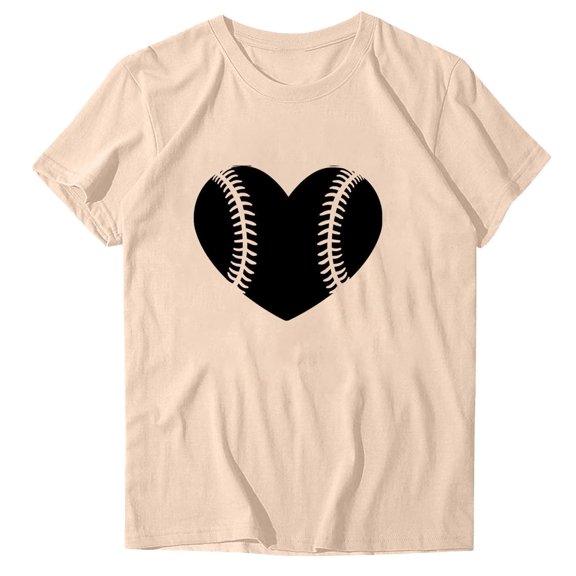 WREESH Cute Women's Baseball Graphic Tee Fashion Round Neck Short Sleeve Blouse with Trendy Print Beige