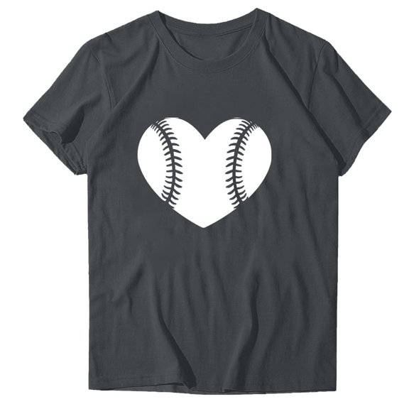 WREESH Cute Women's Baseball Graphic Tee Fashion Round Neck Short Sleeve Blouse with Trendy Print Gray