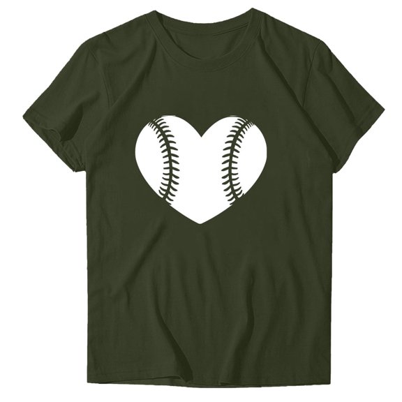 WREESH Cute Women's Baseball Graphic Tee Fashion Round Neck Short Sleeve Blouse with Trendy Print Olive Green