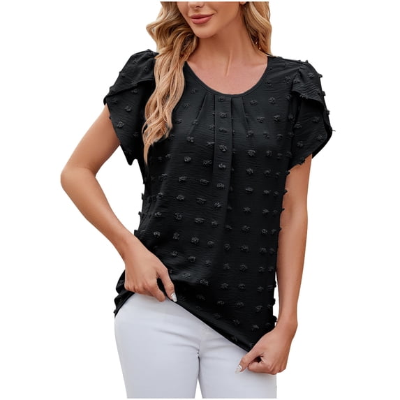 WREESH Dressy Casual Chiffon Blouse Women's Round Neck Pom Pom Top with Petal Sleeve Black