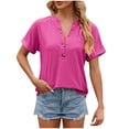 thumbnail image 1 of WREESH Dressy Casual Summer Henley Tops Women's Solid Color Short Sleeve V-Neck Button Tunic Hot Pink, 1 of 6