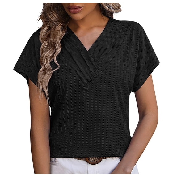 WREESH Dressy Casual V-Neck Tunic Tops Women's Solid Color Short Sleeve Summer Fashion Black