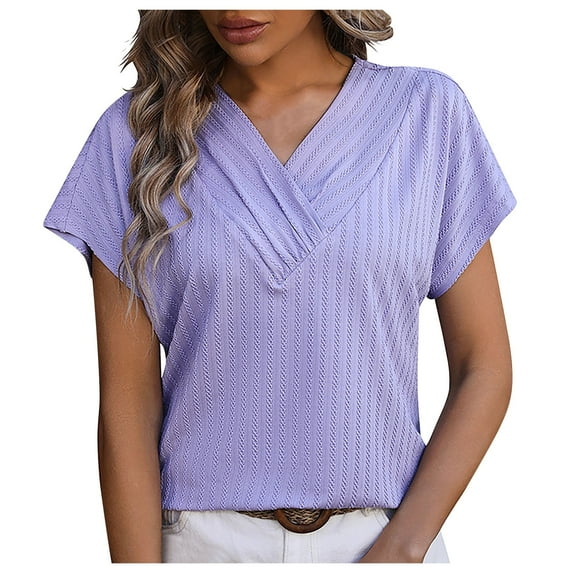 WREESH Dressy Casual V-Neck Tunic Tops Women's Solid Color Short Sleeve Summer Fashion Purple