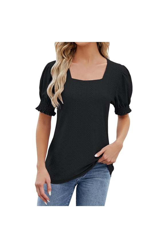 Elegant Puff Sleeve Summer Tunic Women's Dressy Casual Eyelet Top with Solid Color Square Neck Black