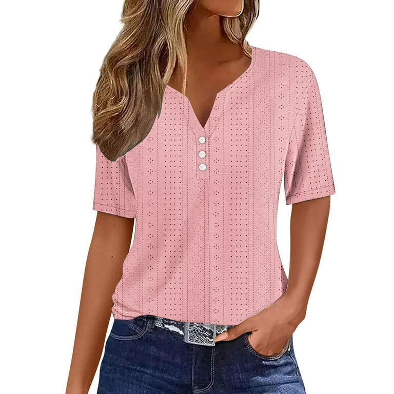 WREESH Elegant Summer Tops Women s Dressy V Neck Eyelet Solid Color Short Sleeve T Shirts Pink Walmart