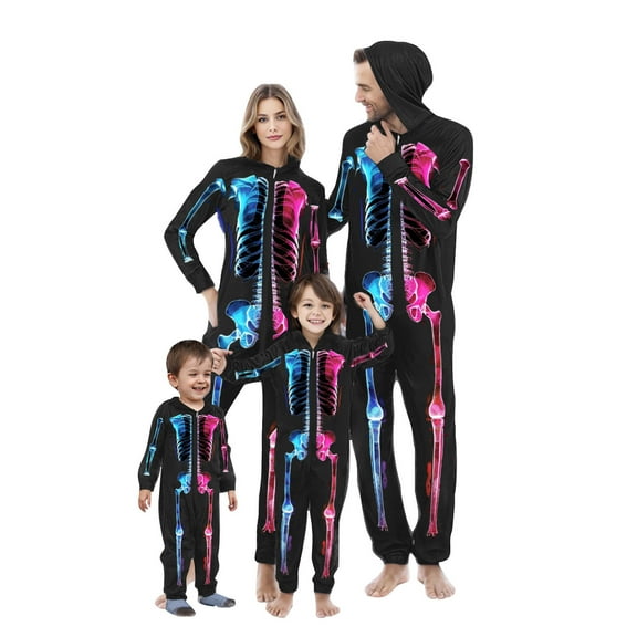 WREESH Family Matching Halloween Pajamas Spooky Family Skeleton Hooded Zipper Jumpsuits Onesie Sleepwear for Women Black