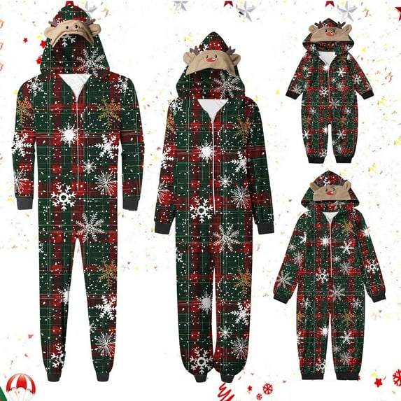 WREESH 2025 Mens Plaid Hooded Onesie Christmas Family Matching Pajamas Cozy Fleece Loungewear Long Sleeve Holiday Sleepwear Set