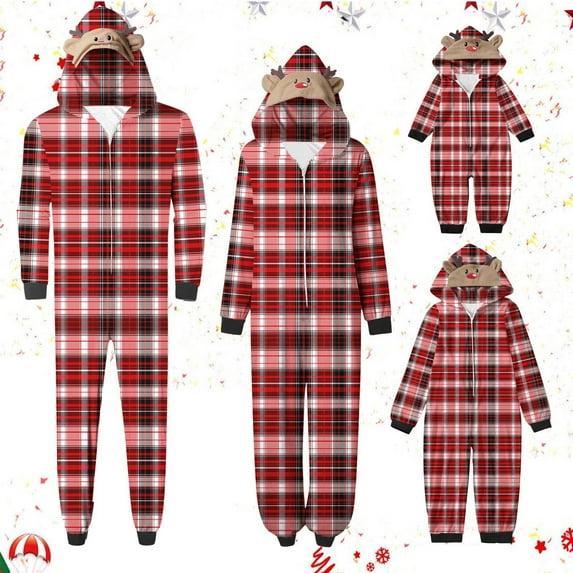 WREESH 2025 Womens Plaid Hooded Onesie Christmas Family Matching Pajamas Cozy Fleece Loungewear Long Sleeve Holiday Sleepwear Set