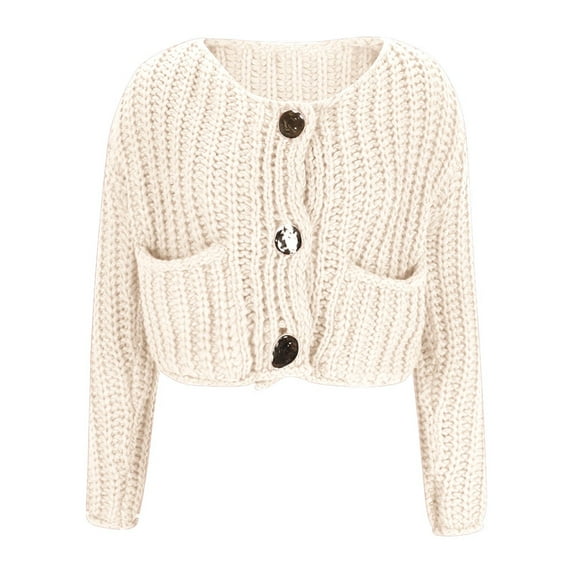 WREESH Fashion Cardigan Crop Cardigan Women's Solid Color Knitted Sweater Blouses Long Sleeved V-Neck Button Up Top Sweater White