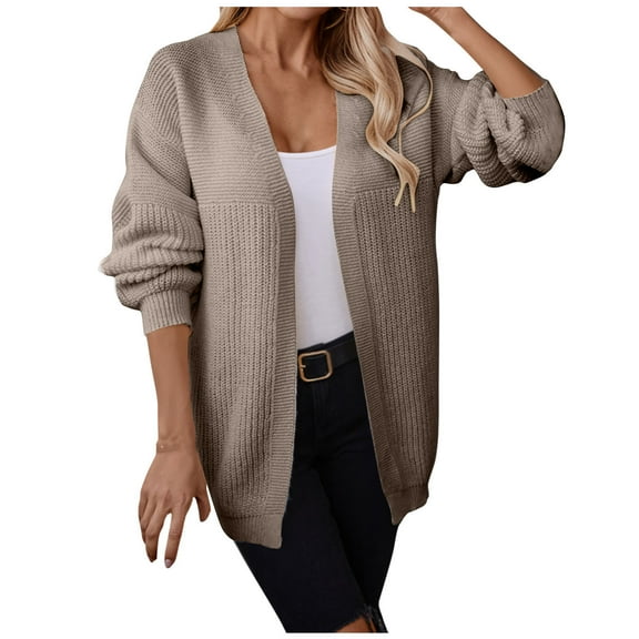 WREESH Fashion Cardigan Women's Loose Solid Colors Sweater Long Sleeve Cardigan Sweater Coat Sweater Khaki