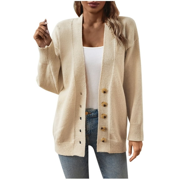 WREESH Fashion Cardigan Women's Solid Color Botton Fall and Winter Long Sleeve Loose Sweater Top Sweater Beige