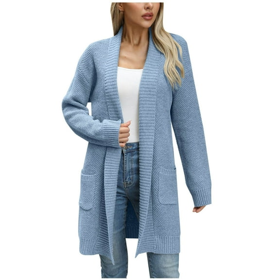 WREESH Fashion Cardigan Women's Solid Color Knitting Long Sleeve Pockets Cardigan Sweater Coat Tops Sweater Blue