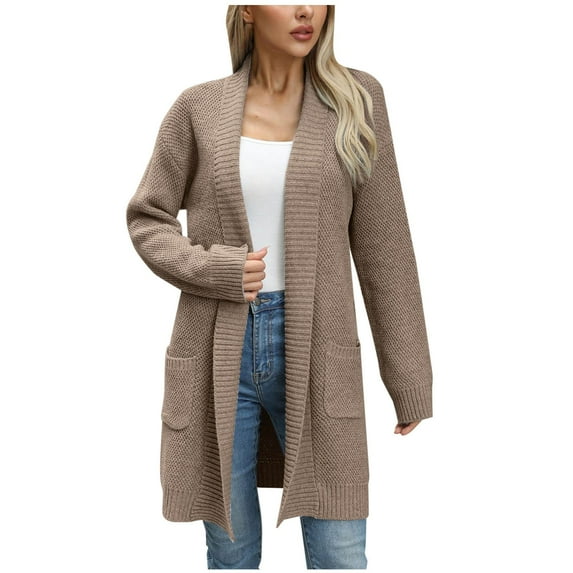 WREESH Fashion Cardigan Women's Solid Color Knitting Long Sleeve Pockets Cardigan Sweater Coat Tops Sweater Brown