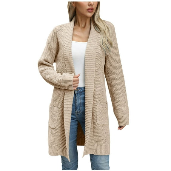 WREESH Fashion Cardigan Women's Solid Color Knitting Long Sleeve Pockets Cardigan Sweater Coat Tops Sweater Khaki