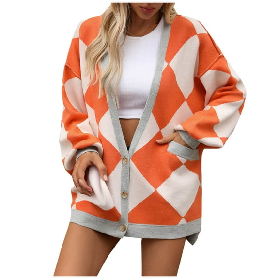 WREESH Fashion Cardigan Women's Splicing Knitting Long Sleeve Buttons Cardigan Sweater Coat Tops Sweater Orange