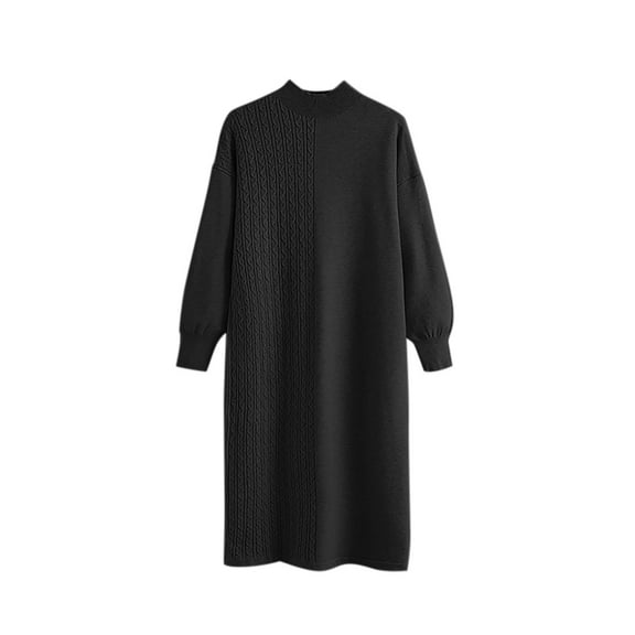 WREESH Fashion Dress Women's Solid Color Knit Long Sleeve Round-Neck Dress Sweater Black