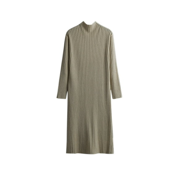 WREESH Fashion Dress Women's Solid Color Knit Long Sleeve Round-Neck Dress Sweater Khaki