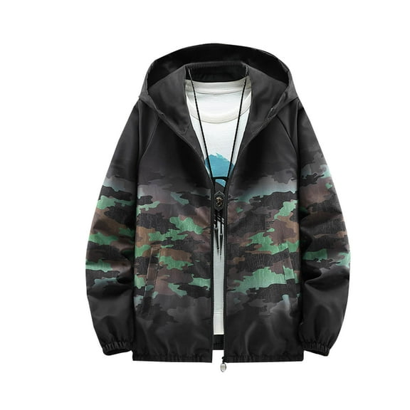 WREESH Fashion Jacket Man Camouflage Gradation Pockets Zipper Hooded Coat Green