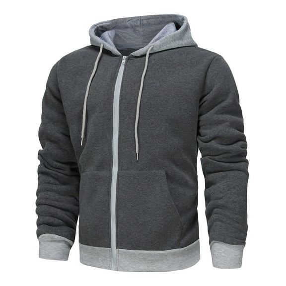 WREESH Fashion Jacket Man Color Match Drawstring Zipper Pockets Hooded Coat Dark Gray