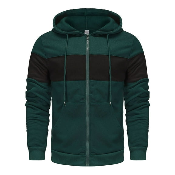 WREESH Fashion Jacket Man Color Match Drawstring Zipper Pockets Hooded Coat Green