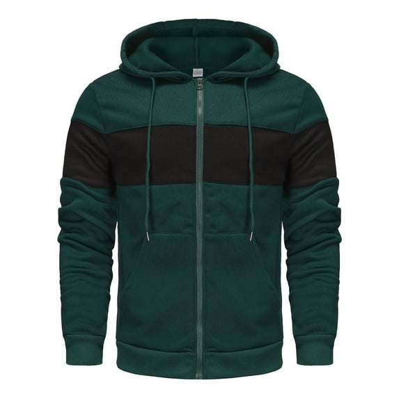 WREESH Fashion Jacket Man Color Match Drawstring Zipper Pockets Hooded Coat Green