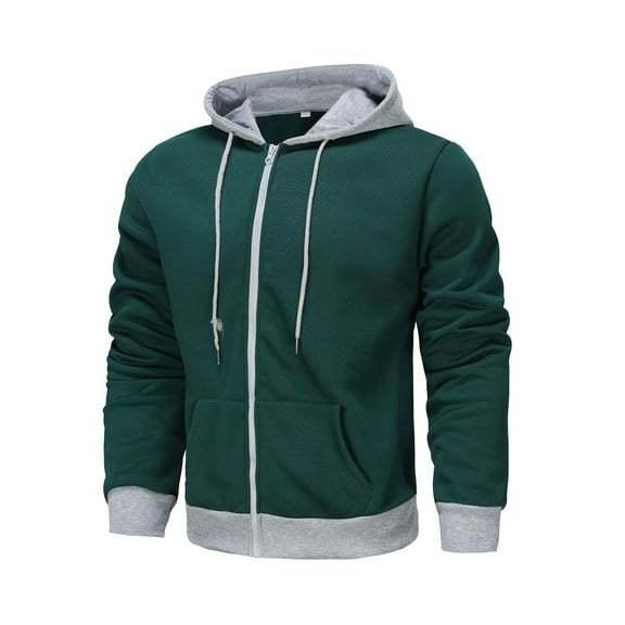 WREESH Fashion Jacket Man Color Match Drawstring Zipper Pockets Hooded Coat Green
