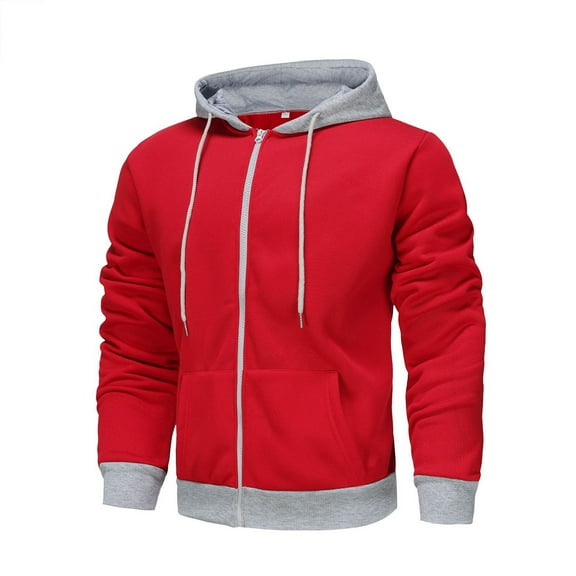 WREESH Fashion Jacket Man Color Match Drawstring Zipper Pockets Hooded Coat Red