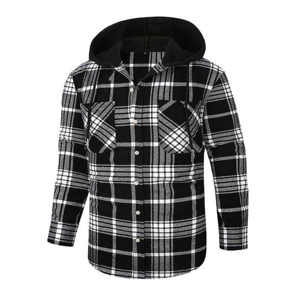 WREESH Fashion Jacket Men Button Casual Hooded Thicken Lattice Long Sleeve with Pocket Jacket Black