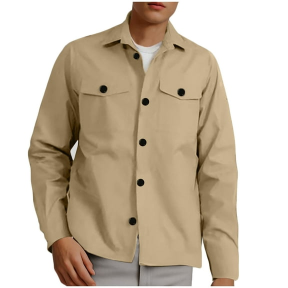 WREESH Fashion Jacket Men Pocket Button Flip Collar Solid Color Jacket Shirt Casual Loose Coat Khaki