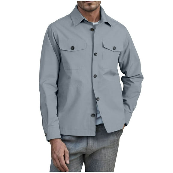 WREESH Fashion Jacket Men Pocket Button Flip Collar Solid Color Jacket Shirt Casual Loose Coat Light Blue