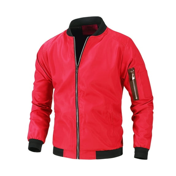 WREESH Fashion Jacket Men'S Casual Baseball Uniform Stand Collar Jacket Solid Pocket Zipper Long Sleeve Tops Jacket Coat Red