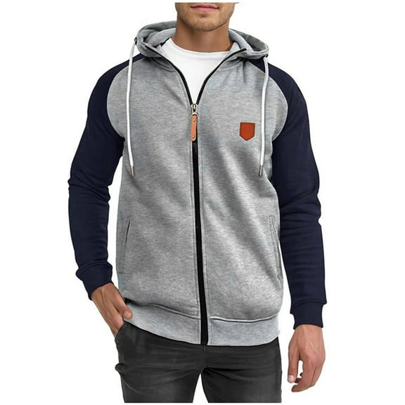 WREESH Fashion Jacket Men'S Casual Blocking Color Zipper Pockets Long Sleeve Hooded Casual Outwear Light Gray