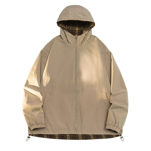 WREESH Fashion Jacket Men'S Casual Double-Sided Plaid Long-Sleeved Hooded Casual Coat/Jacket Khaki
